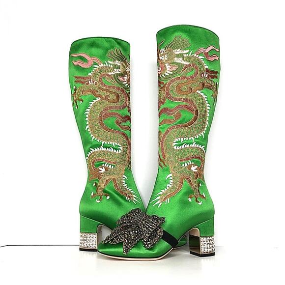 NEW Gucci Candy Dragon Embroidered Bow Crystal Embellished Knee High Boots 36 - Picture 3 of 14